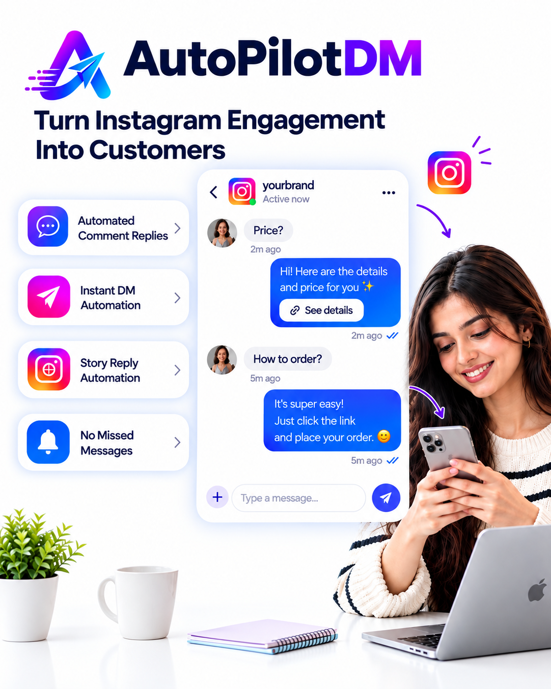 Turn Comments into Customers: smiling woman creator centered between incoming Instagram comments and successful automation cards for Comment replied, Public reply, Instagram DM sent, Story reply sent and Automation success